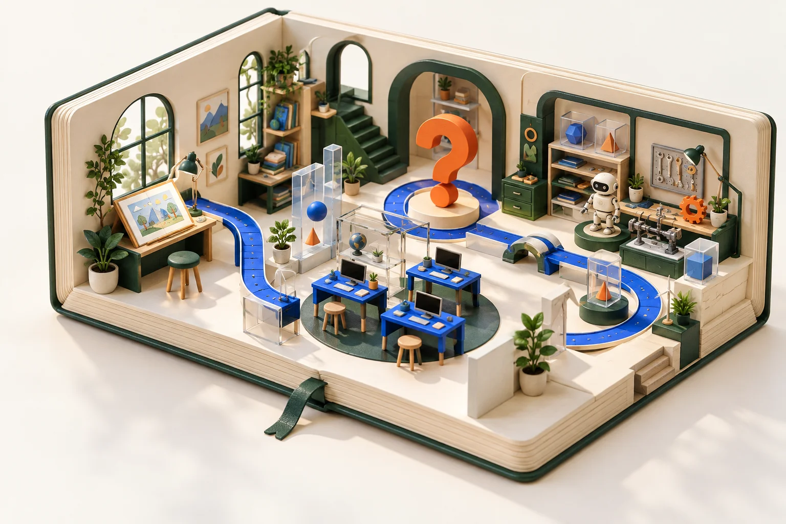 Conceptual miniature AI workshop inside an open notebook, with story desks, computers and a connecting blue track