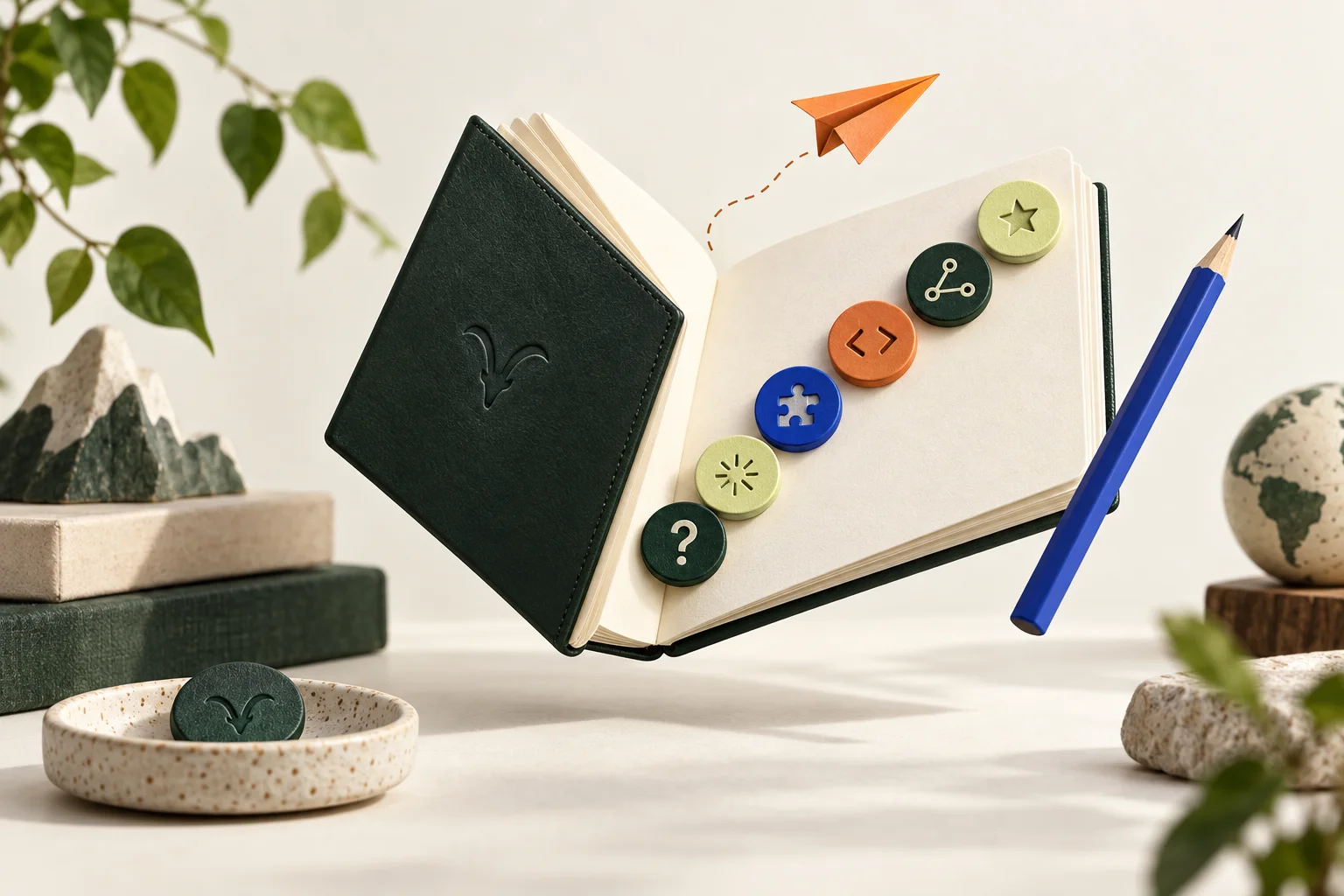 An illustrated learning passport with six colorful skill tokens, a blue pencil and an orange paper airplane